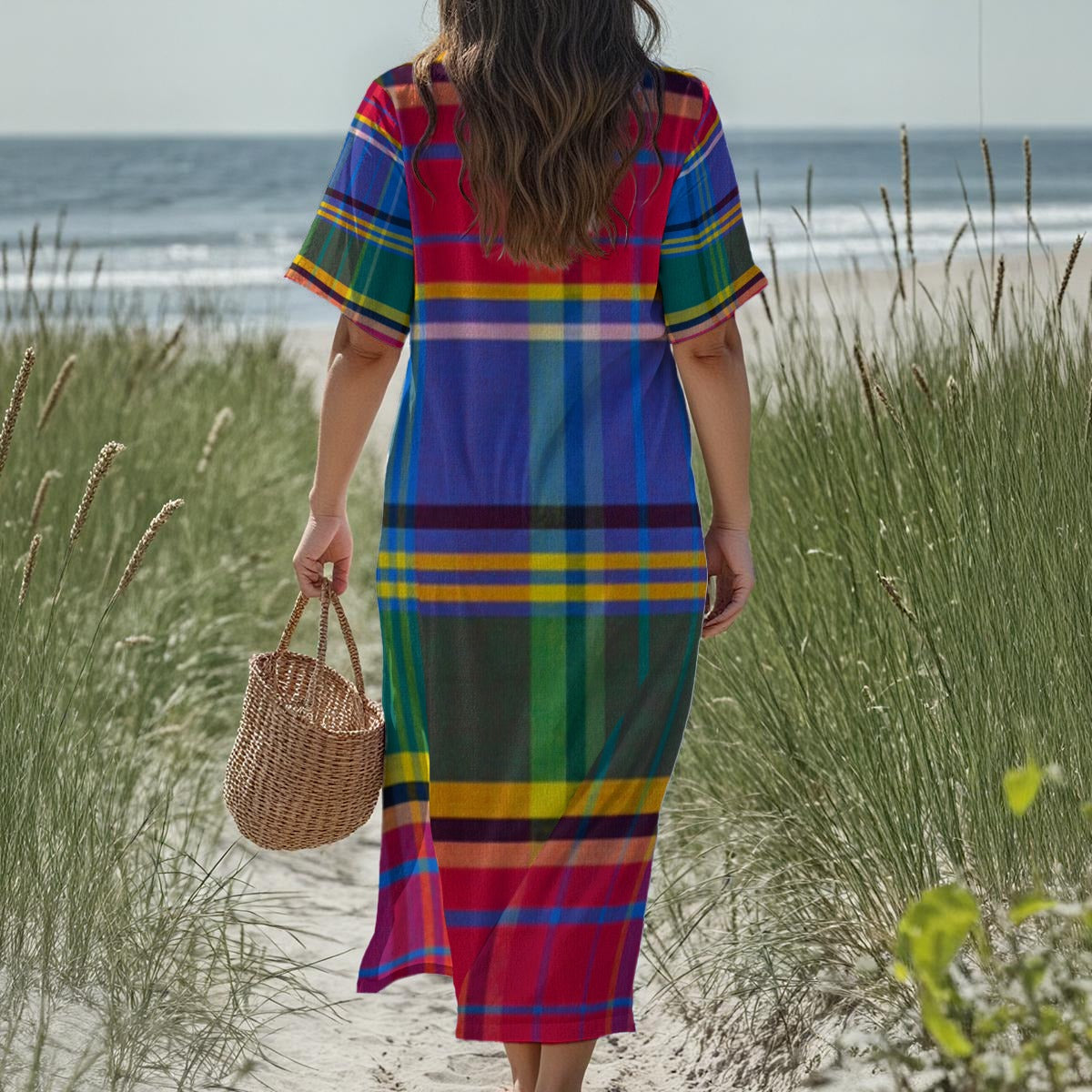 🌺 Robe Longue Madras Arc-en-Ciel - Style Antillais Femme